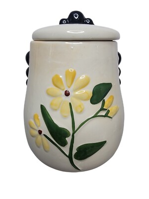 Vintage American Bisque Cookie Jar with lid, Yellow Daisy, 1950s, 10 × 10.5''