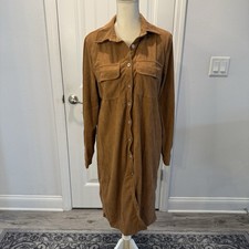 Women's Corduroy Dress Midi Front Pockets Large Brown Long Sleeves New