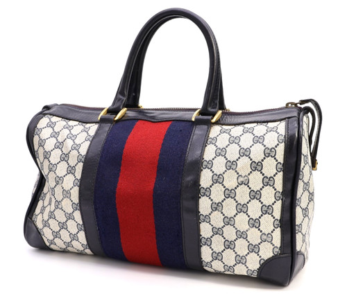 GUCCI VINTAGE Web Stripe Handbag Boston GG Supreme Navy Classic Authentic