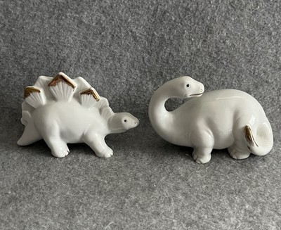 Vintage White Gold Ceramic Diplodocus & Stegosaurus Dinosaur Figurine Ornaments