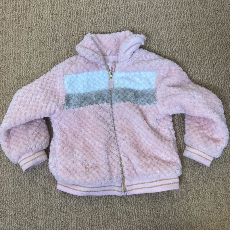 Members Mark Cuddly Cozy Full Zip Jacket Girls 4T Pink Gold Grey White Fuzzy