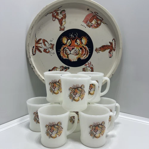 8 Vintage FIRE KING Anchor Hocking ESSO Exxon  Tiger Milk Glass Mugs & Tray
