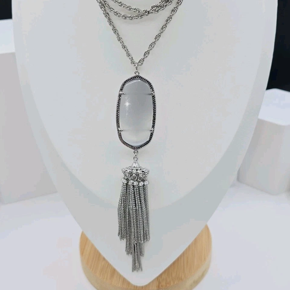 Kendra Scott Rayne Colgante Collar Tono Plata Ojo de Gato Pizarra Borla 32"  Foto 2 de 4