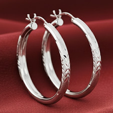 Solid 925 Sterling Silver Diamond-Cut Chunky Round Creole Hoop Earrings All Size