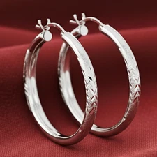 Solid 925 Sterling Silver Diamond-Cut Chunky Round Creole Hoop Earrings All Size