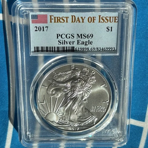 PCGS MS69 2017 American Silver Eagle    🇱🇷FIRST DAY OF ISSUE US FLAG HOLDER