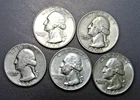 Lot of (5) Pre 1964 Washington Quarters  90% Silver 41S - 52S - 54D - 62D -63D