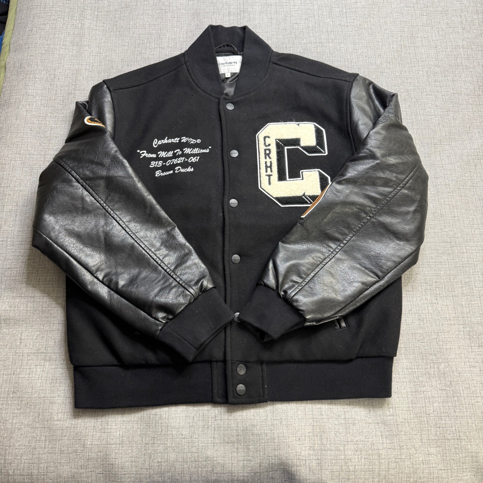 Carhartt WIP Brown Ducks Bomber Jacket Men's L Black Varsity Faux Leather