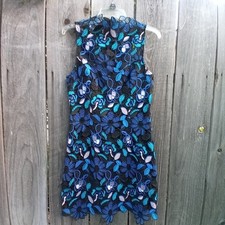 Jacquard Texture Sleeveless Floral Print Dress 4 Blue Halter Neck Zip Closure