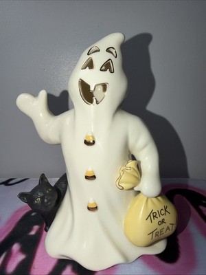 Vintage Lenox Halloween Black Cat hiding behind a Ghost Witch Figurine