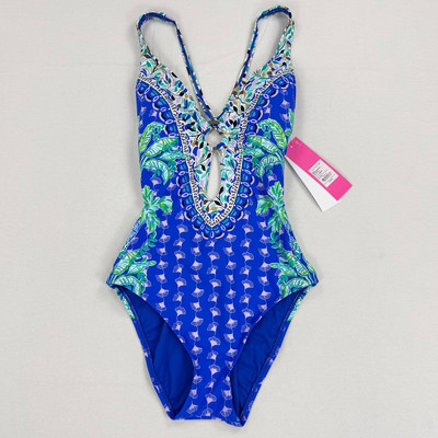 Lilly Pulizer Womens Ester Cross Back One Piece Swimsuit Size 0 Blue Floral