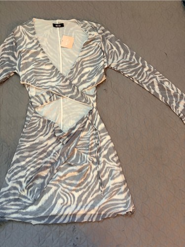 Miss Lola Zebra Print Cutout Dress in Light Gray and White Women's Large