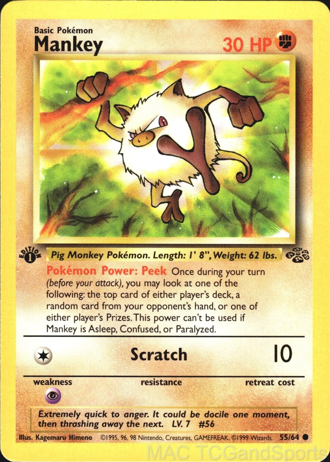 Mankey 55/64 1st Edition Jungle Pokemon TCG LP