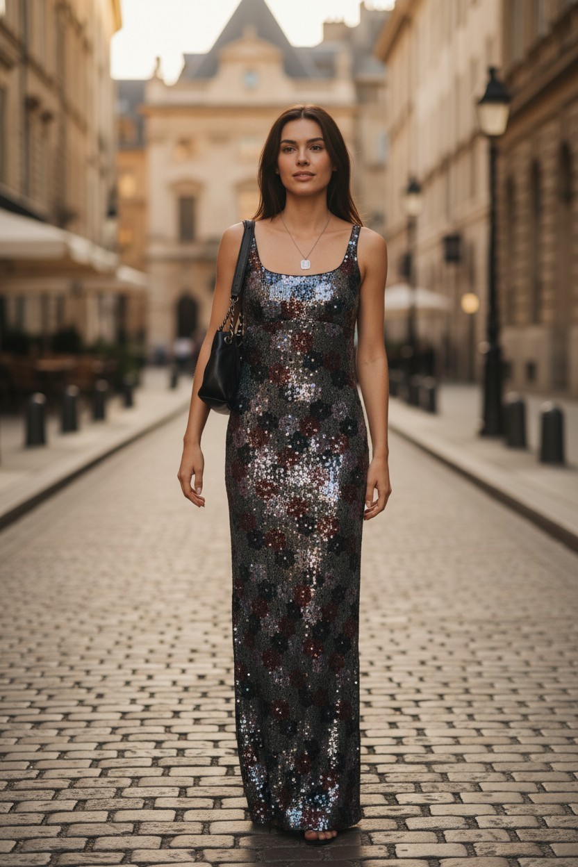 Vintage MARC JACOBS Sequin Maxi Dress 6 Multicolor Flower Pattern Back Slit 2014