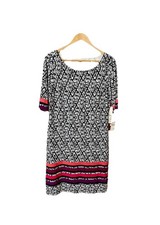 ELIZA J Dress Women's 14 NWT Black White Geometric Shift Pink Border Hem Stretch
