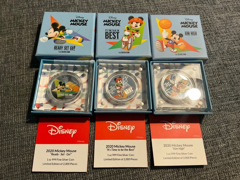 LOT OF 3 - 2020 1oz .999 FINE SILVER COLORIZED COIN DISNEY MICKEY MOUSE
