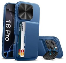 for Case with Card Holder & Kickstand, Built-in Camera Lens iPhone 16 Pro Blue