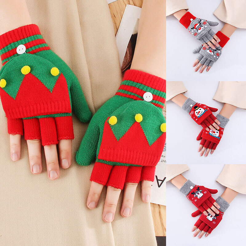 Christmas Pattern Knitted Gloves Half Finger Gloves Crochet Flip Top Gloves