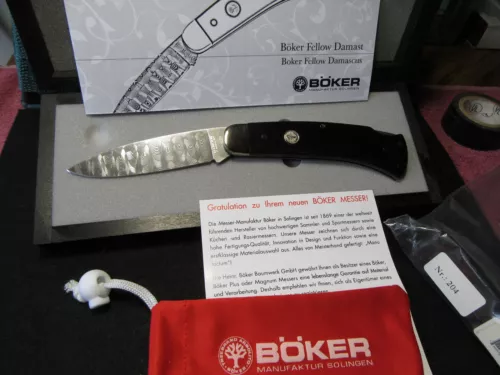 Boker Limited Edition Ebony, Damascus Fellow Lockback Mint in Wood box.