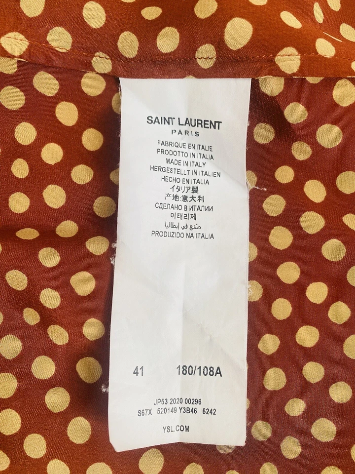 Saint Laurent Hombres Abotonados Manga Larga Seda Talla US16 EU41 Naranja Oscuro Tonos Lunares Foto 3 de 4