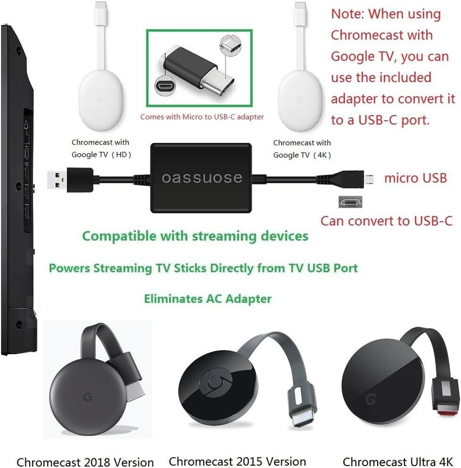 USB Power Cable Adapter for Chromecast with Google TV/Chromecast 2015
