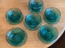 VTG Set 12 Jeannette Ultramarine Teal Swirl Footed Bowls Plates Depression Glass