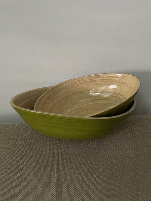 2 new Large Green Bamboo Salad Bowls by Global Home, Oval Shapes