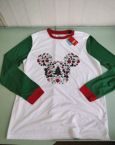 Disney Christmas Mens Pajama Shirt Long Sleev Mickey Mouse Wht Red Green Size LT - Picture 9 of 9