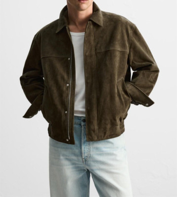 Mens Brown Tan leather Trucker jacket pure suede slim fit bomber biker jackets M