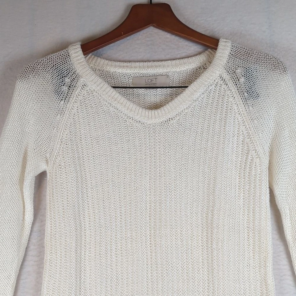 LOFT Womens White 100% Linen Knit Ribbed Sweater XS - Image 3 of 4