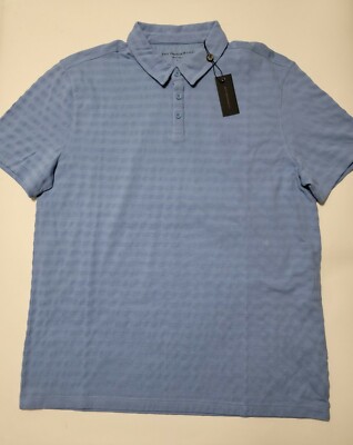 John Varvatos Star USA Men's L Short Sleeve Textured Stripe Polo Shirt Pond Blue