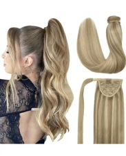 Ponytail Ext Human Hair 20in, 9A Grade, Light Blonde Highlighted Golden Blonde