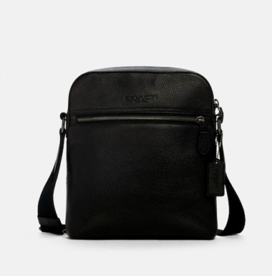 Coach Men Houston Flight Gunmetal/Black Refined Pebble Leather Messenger - 4011