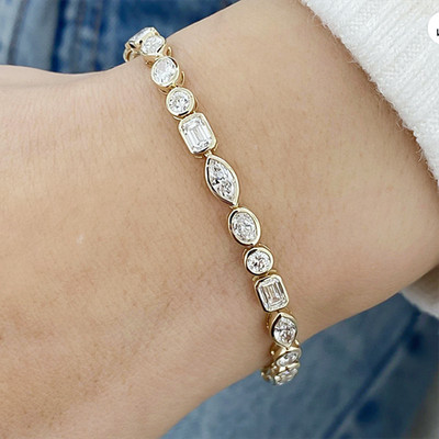 Lab Grown Diamond Bezel Wedding Tennis Bracelet 10Ct 14k Solid Gold Multi Shape