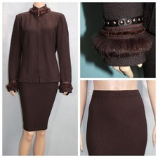 St. John Collection Brown Jacket Skirt L Sz 10 8 2pc Suit Buttons Studs Fur Trim