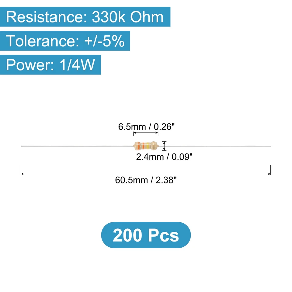200 件 1/4 瓦(0.25 瓦)330k 欧姆 ±5% 碳膜电阻器 适合电子 — 第 2/4 张图片