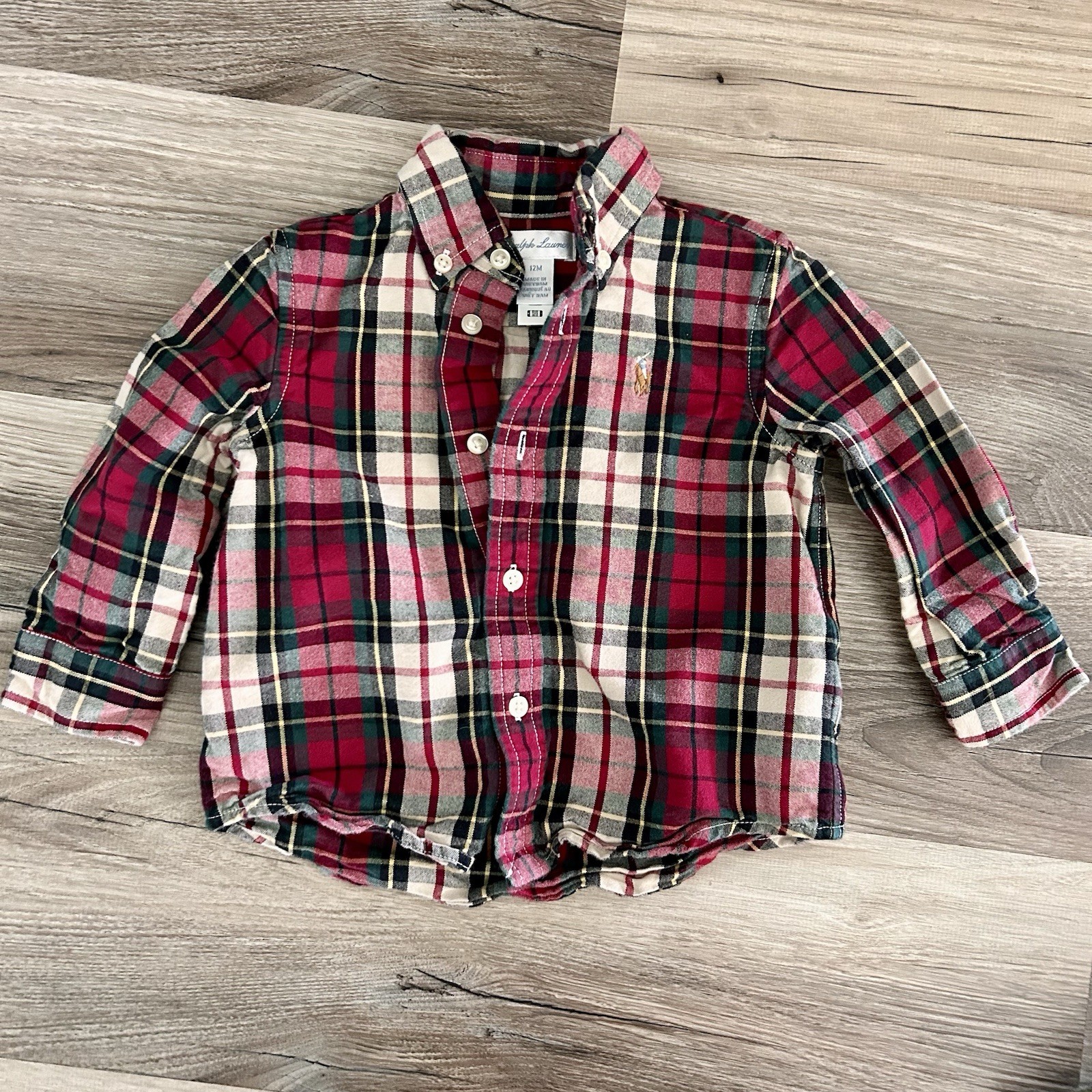 Baby Boy 12M Ralph Lauren Polo + Flannel Shirts Bundle Lot 4pc Fall Winter image 2