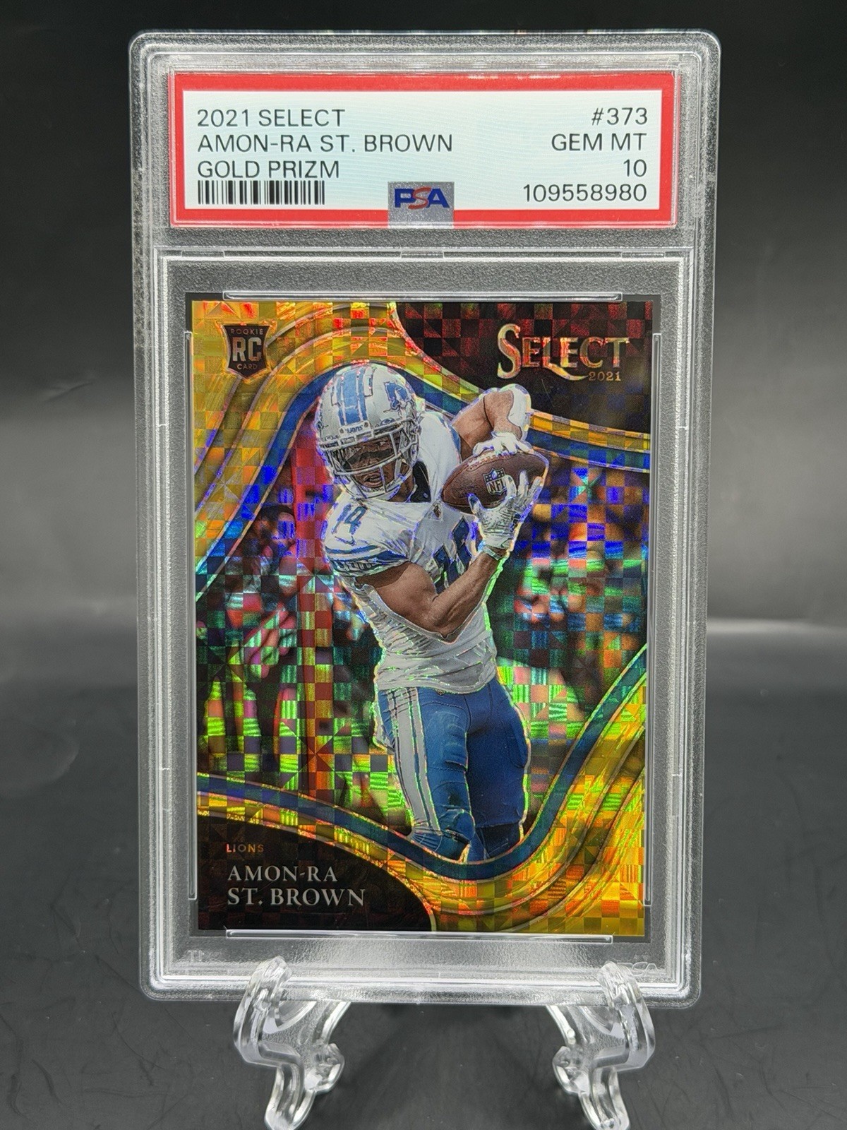 2021 SELECT AMON-RA ST. BROWN RC GOLD PRIZM 7/10 PSA 10 #373 #’d SSP FIELD