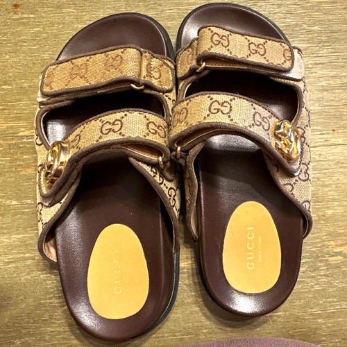 Gucci Women’s GG Canvas Slide Sandals Hook & Loop Adjustable Strap EU 37 US 8