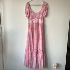 Love Shack Fancy Angie Puff Shoulder Short Sleeve Midi Dress Pink Floral