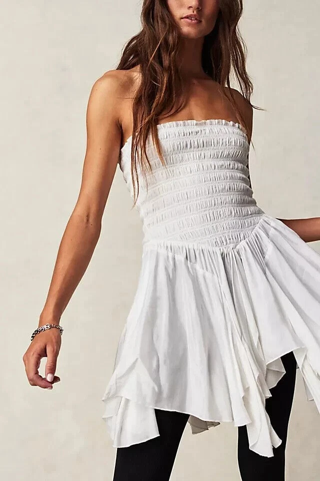 Free People FP One Kiana Top Smocked White Asymmetrical Strapless Summer New XS - Image 3 of 4
