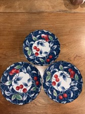 VINTAGE Set of 3 Williams Sonoma 8 1/4” Plates Cherry & Vine, Made In Japan Blue