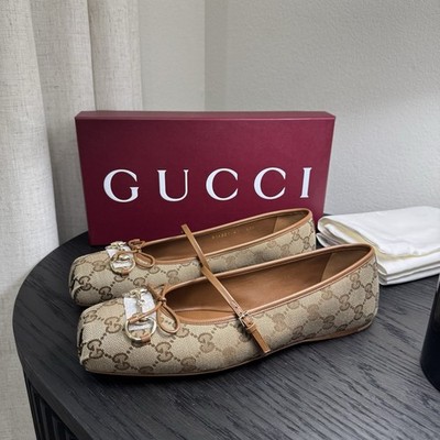 Gucci Horsebit GG Canvas Ballerina Flats Brown 41