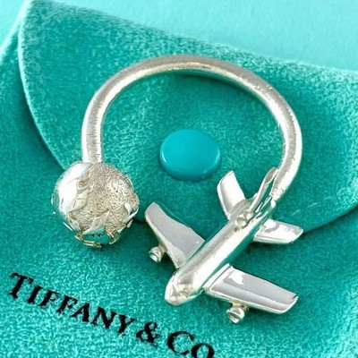 Authentic Tiffany & Co. Jet Airplane Globe World Key Ring Key Chain 925 YQ14fe