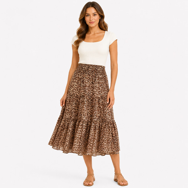 Decjuba Skirt Size Large Cotton Brown Leopard Print Tiered Midi Elastic Waist