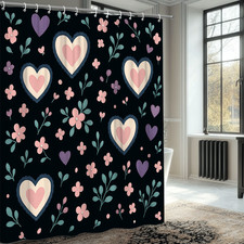 Cute Floral Heart Shower Curtain - Black Background Design