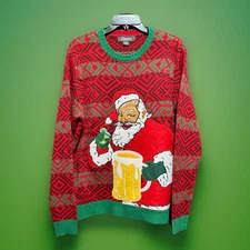 33 Degrees Ugly Christmas Sweater Santa Drinking Beer Front Pocket Size Medium