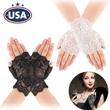 Women Short Lace Floral Finger Gloves Gothic Bride Wedding Mittens Driving Glove