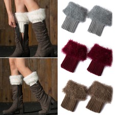 Womens Winter Knitted Boot Cuffs Fur Knit Crochet Toppers Trim Socks Leg Warme L