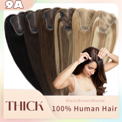 Virgin 100% Human Hair Toupee Silk Base Clip In Topper Hairpiece Women Highlight